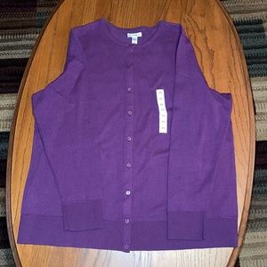 Purple cardigan.